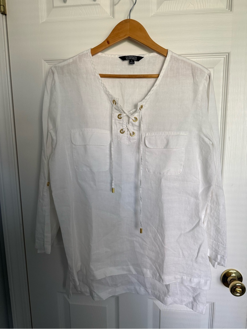 Ellen Tracy White V-Neck Linen Top